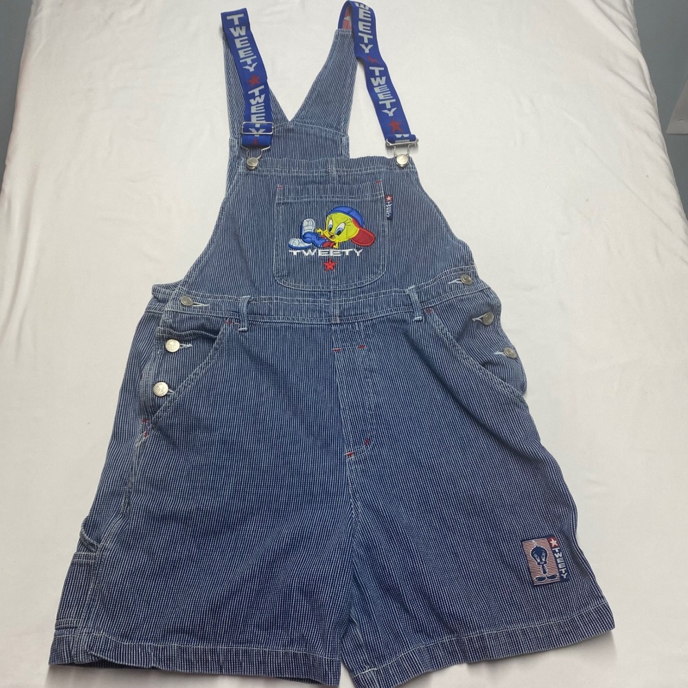 Vintage Looney Tunes Tweety Bird Hickory Stripe Denim Shortalls Blue Small